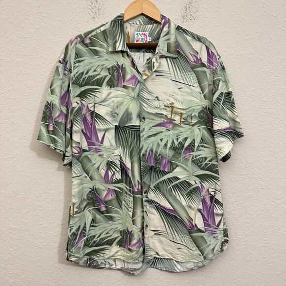 JAMS WORLD Shirt Sage Green Palm Leaves Button Up Hawaiian Tropical Beach - Picture 3 of 7